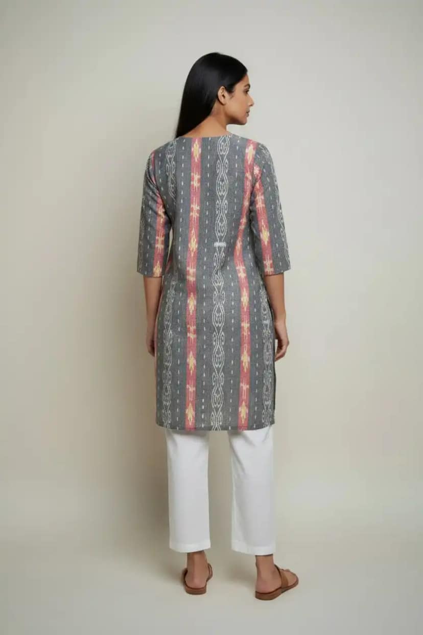 Handwoven Sambalpuri Cotton Kurti in Grey with Bandhakala Ikat view 2