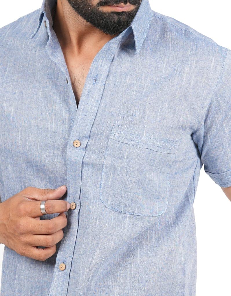 Tribes India Solid Blue Khadi Cotton Shirt view 4