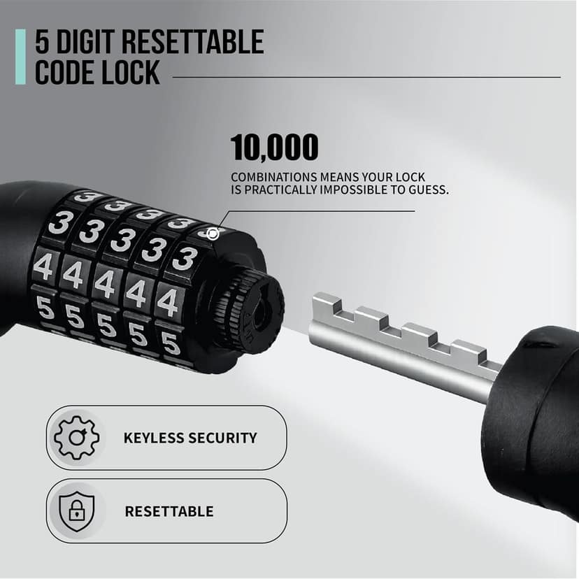 Robustt 5-Digit Resettable Combination Cable Lock with 1.2m Steel Cable - Black view 3