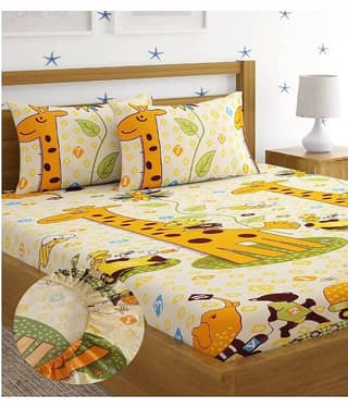 SWIZIER Cotton Animal Fitted 1 Bedsheet with 2 Pillow Covers ( King Size ) - Cream