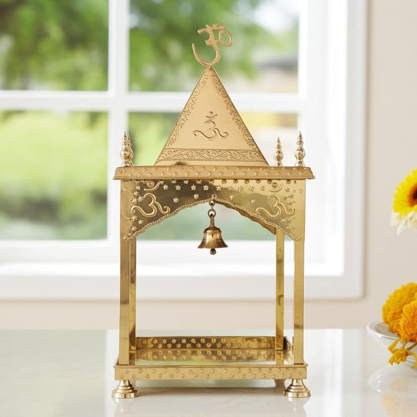 Brass Temple with Triangle Dome ? Traditional Mandir Showpiece, Height : 24.5 Inch (FMAS312 B) view 2