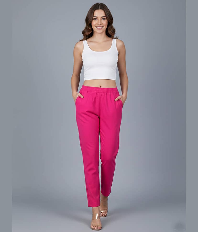 QuaClo Women Cotton Blend Casual Trousers ( Pink ) view 2