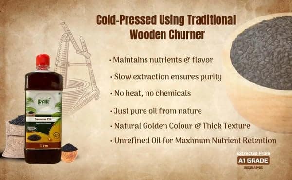 Iraivi Cold Pressed Sesame Oil 1L (Wood Pressed Nallennai) – Unrefined, Natural, Chekku/Ghani Extracted, Rich Aroma, Cooking & Ayurvedic Use view 4