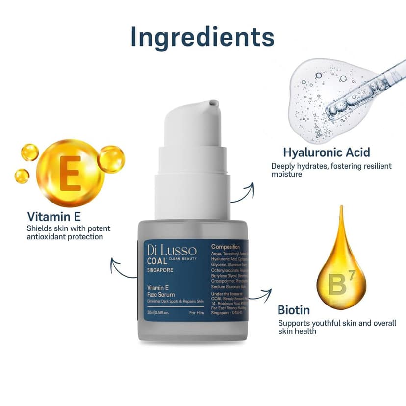 COAL Clean Beauty Vitamin E Face Serum with Hyaluronic Acid & Vitamin E | Diminishes Dark Spots & Repairs Skin | Men | All Skin Types | 20ml view 3