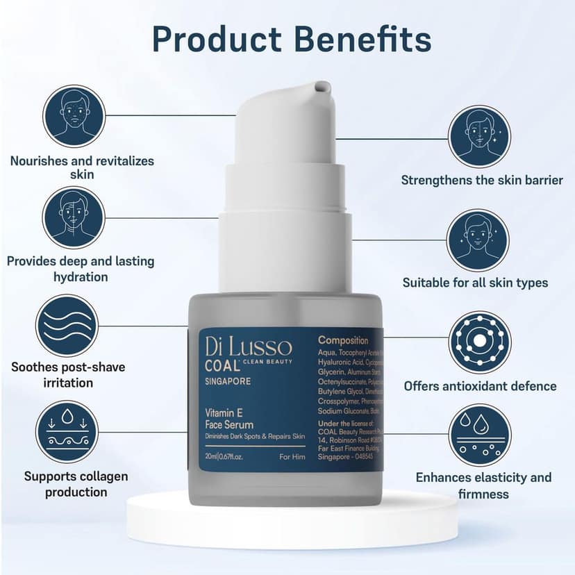 COAL Clean Beauty Vitamin E Face Serum with Hyaluronic Acid & Vitamin E | Diminishes Dark Spots & Repairs Skin | Men | All Skin Types | 20ml view 4