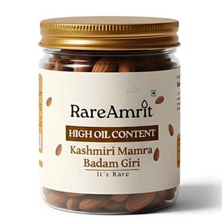Rareamrit Curved Special Kashmiri Mamra Almonds| Handpicked Straight from Kashmir Farms | Premium High Oil Content Badam | Boosts Memory, Immunity & overall Strength | Mamra Badam Giri or Almond Giri