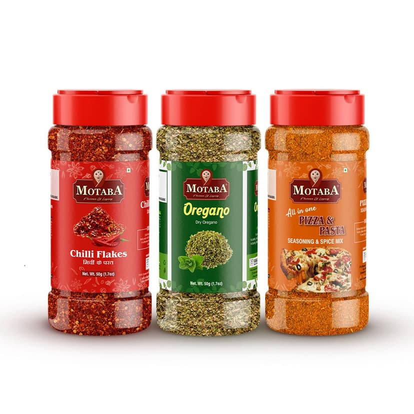 MOTABA Masala Flakes Combo Pack (Chilli Flakes 50 gm, Dry Oregano 50 gm & Pizza-Pasta Seasoning 70 gm) - Pack of 3 - MOTABA Masala Flakes Combo Pack (Chilli Flakes 50 gm, Dry Oregano 50 gm & Pizza-Pasta Seasoning 70 gm) - Pack of 3