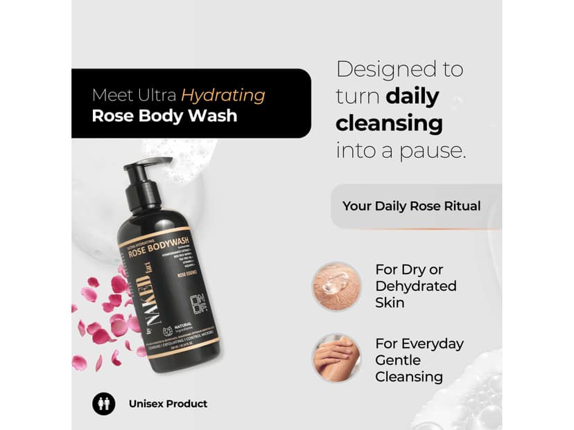 By NAKED fact Ultra Hydrating Rose Body Wash | Refreshing Shower Gel for Deep Cleansing, Exfoliating, Hydrating, Balance moisture, Oil control | 6 Hours sensual feel | Infused with Red Rice water, Vitamin E, Tea tree oil & Pomegranate extracts -300 ml view 4