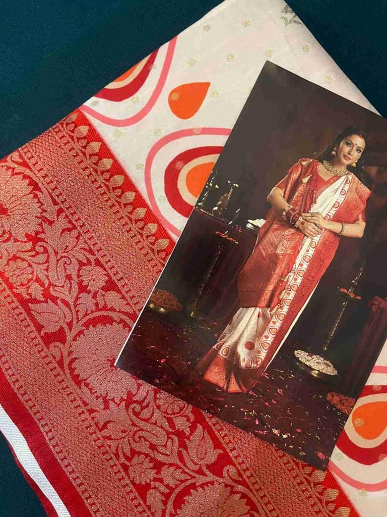 Bengali Red & White Saree view 4