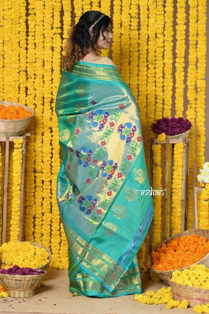 Rajsi~ Handloom Pure Silk Maharani Paithani With Handcrafted Maharani Pallu Sky Blue Zari view 2