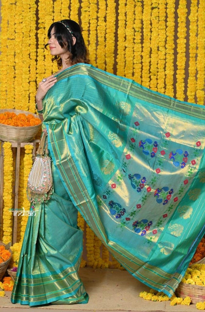Rajsi~ Handloom Pure Silk Maharani Paithani With Handcrafted Maharani Pallu Sky Blue Zari view 3