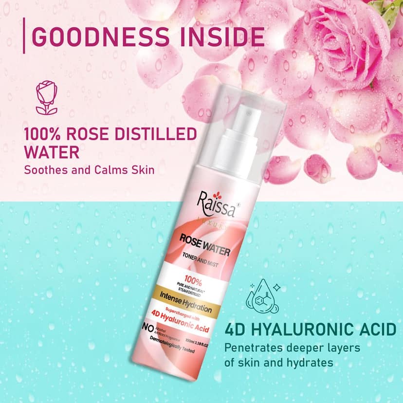 Raissa Rose Water Toner For Face| With 4D Hyaluronic Acid & 100% Pure Rose Extracts| Tightens Pores| Instantly Hydrates| Balances pH| Alcohol-Free| Non-Drying| Soft Spray| All Skin types| 100 ml view 2