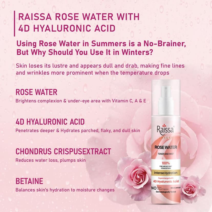Raissa Rose Water Toner For Face| With 4D Hyaluronic Acid & 100% Pure Rose Extracts| Tightens Pores| Instantly Hydrates| Balances pH| Alcohol-Free| Non-Drying| Soft Spray| All Skin types| 100 ml view 3