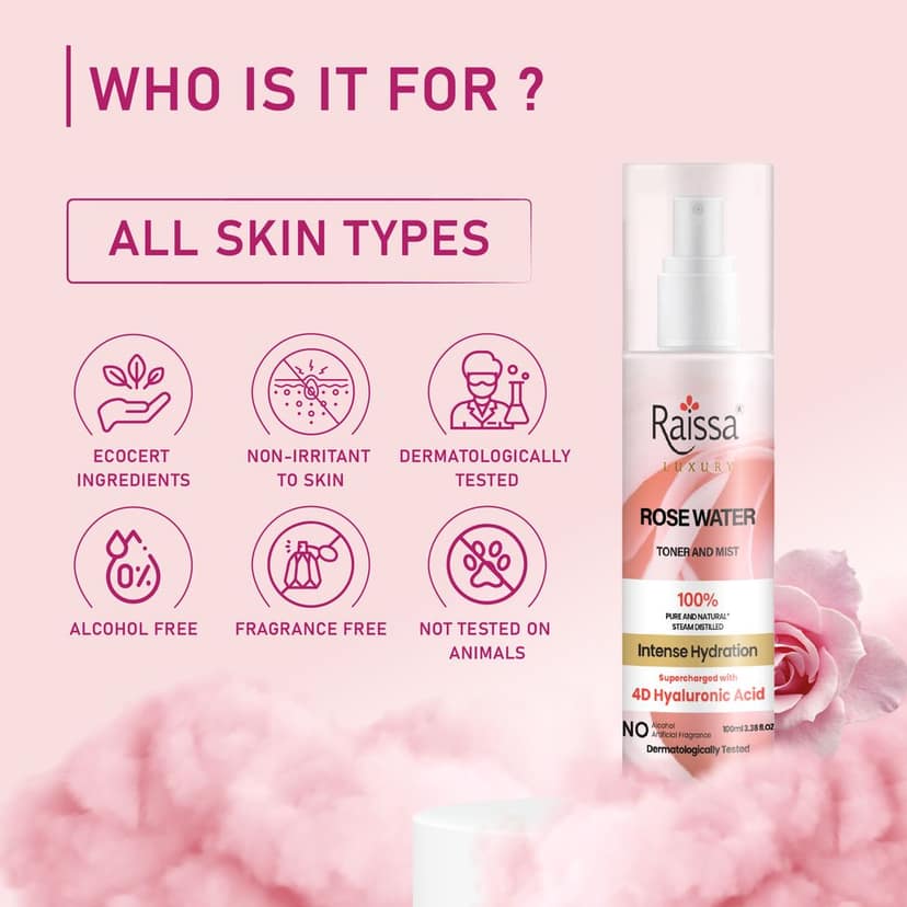 Raissa Rose Water Toner For Face| With 4D Hyaluronic Acid & 100% Pure Rose Extracts| Tightens Pores| Instantly Hydrates| Balances pH| Alcohol-Free| Non-Drying| Soft Spray| All Skin types| 100 ml view 5