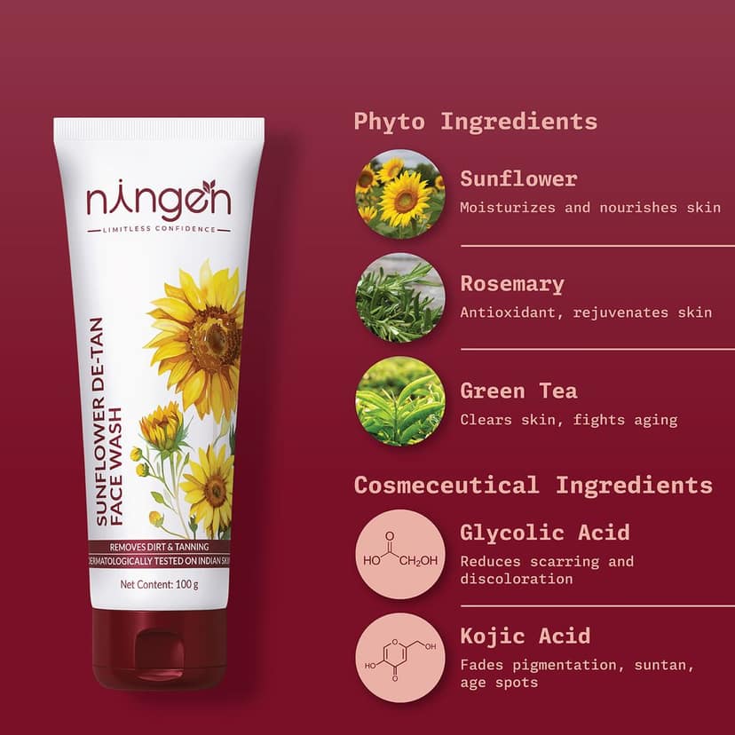 Ningen Sunflower De-tan Face Wash I Rosemary and Green Tea Extract I Dermatologically Tested, Paraben Free I Removes Dirt and Excessive Tan I 100g view 2
