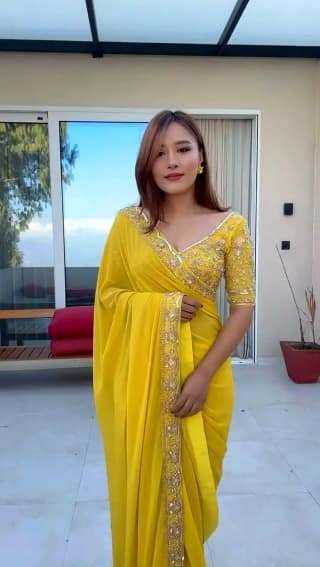 Superb Yellow Color Georgette Thread With Sequence Saree by SHIV TEXTILES