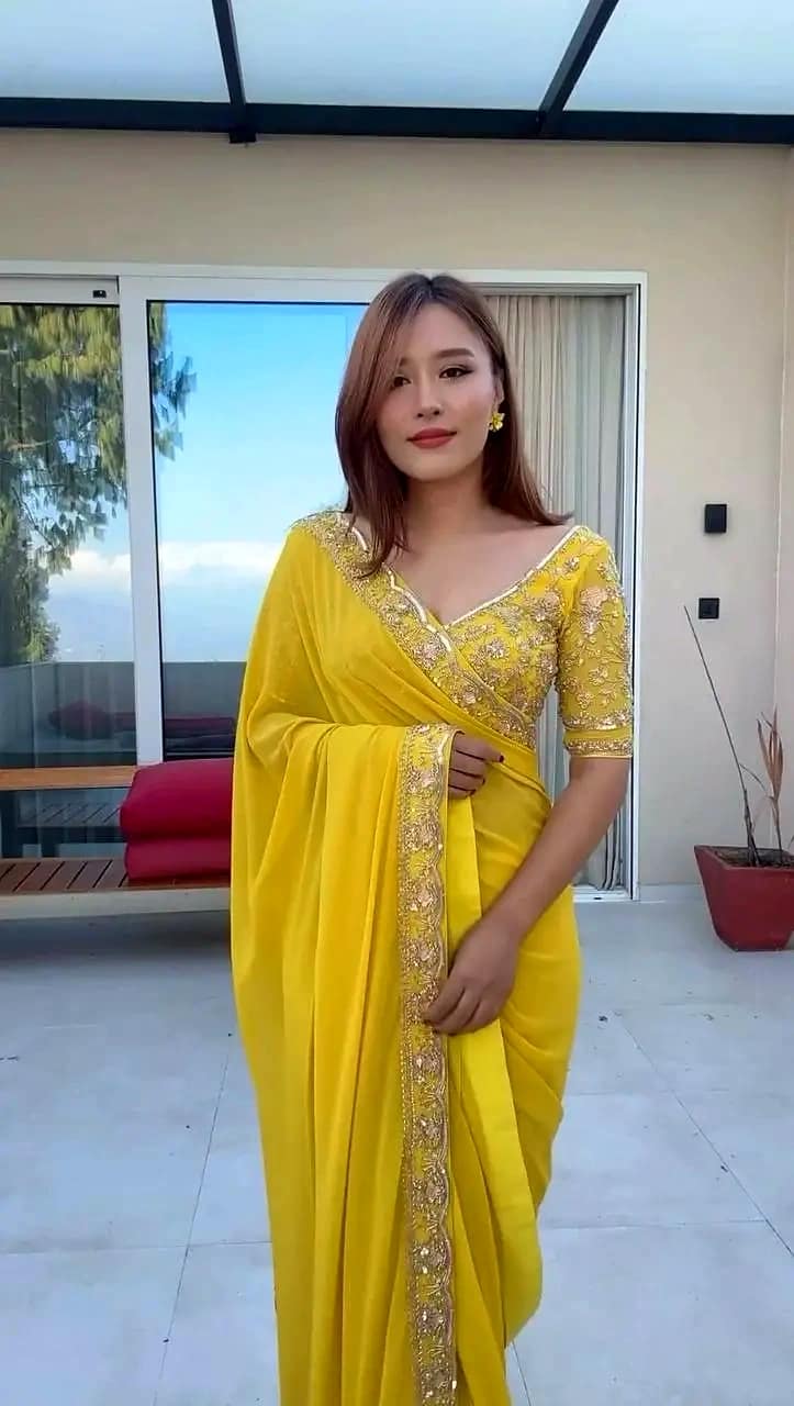 Superb Yellow Color Georgette Thread With Sequence Saree by SHIV TEXTILES