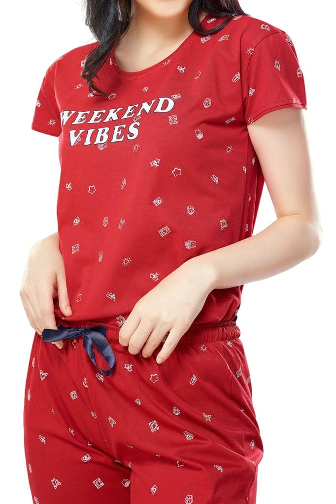ZEYO Women's Cotton Navy Blue Printed Stylish Night suit set view 2