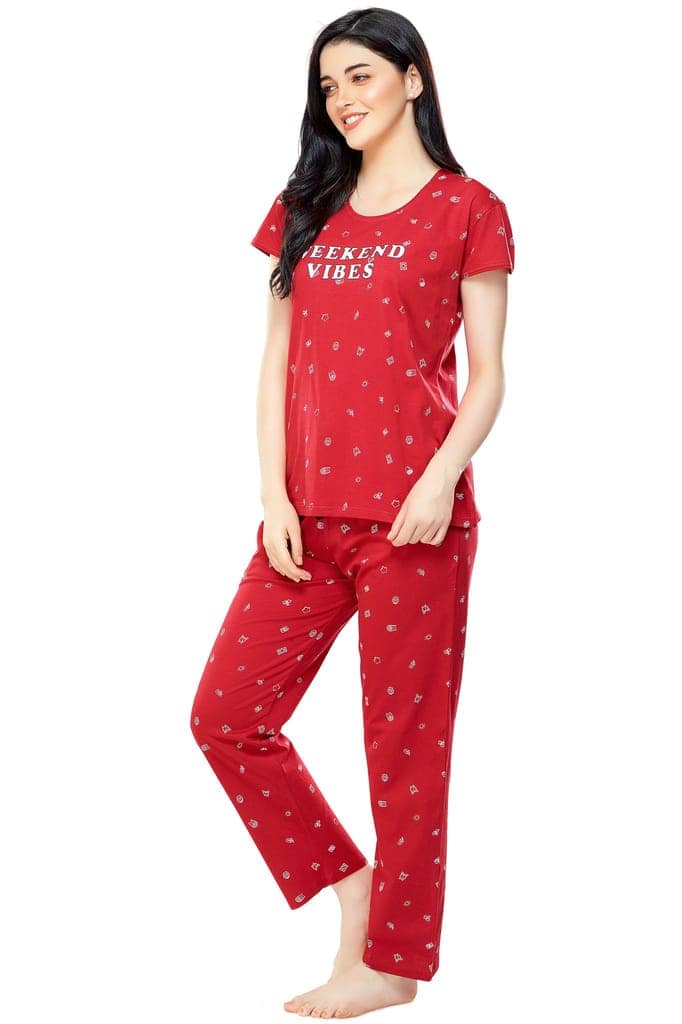 ZEYO Women's Cotton Navy Blue Printed Stylish Night suit set view 4