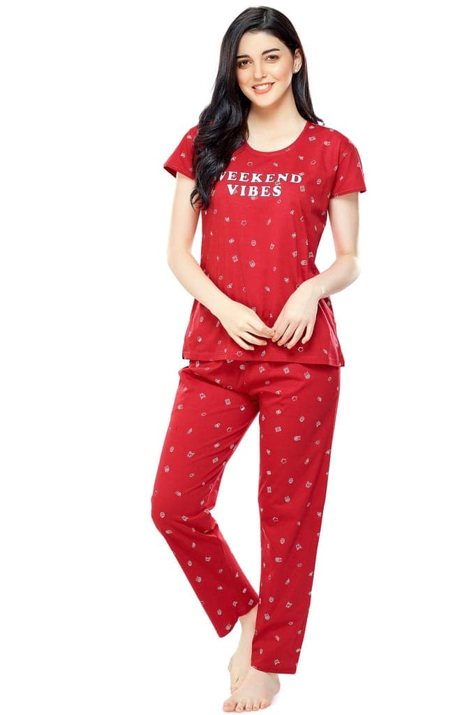 ZEYO Women's Cotton Navy Blue Printed Stylish Night suit set view 5