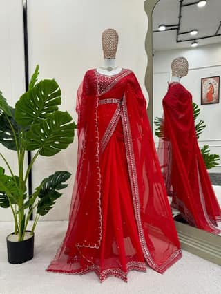 Karva chauth Red Silk Saree For Women Indian Wedding Saree With Blouse And Dupatta Party Wear Traditional Designer Readymade Bridal