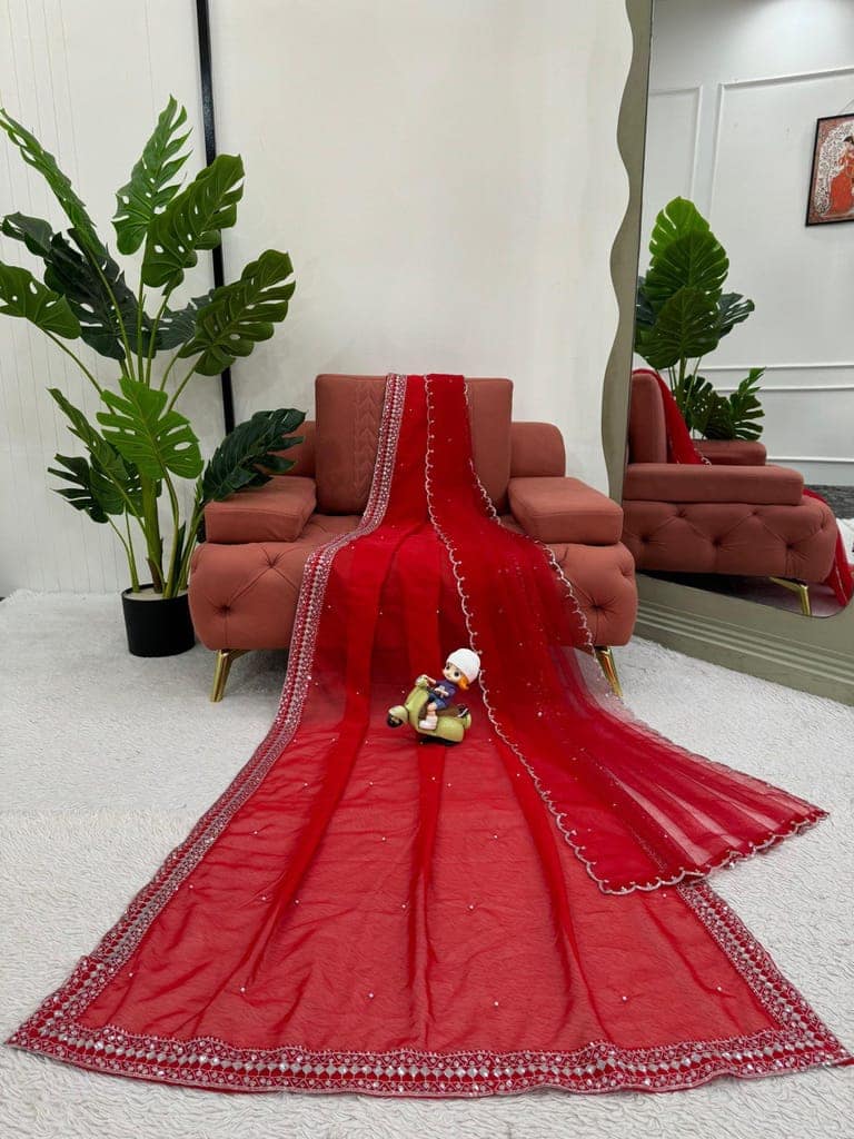 Karva chauth Red Silk Saree For Women Indian Wedding Saree With Blouse And Dupatta Party Wear Traditional Designer Readymade Bridal view 5