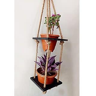 Khush Its Amazing Wood Hanging Planter Shelf Plant Hanger Decorative Flower Pot Rack with Rope Home Decor Hanging Planter (2 Tier Pot Black) view 2