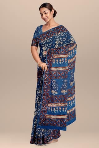 Nandana Indigo Dabu Malmal Cotton Saree With Floral Motifs SKU-BS10171