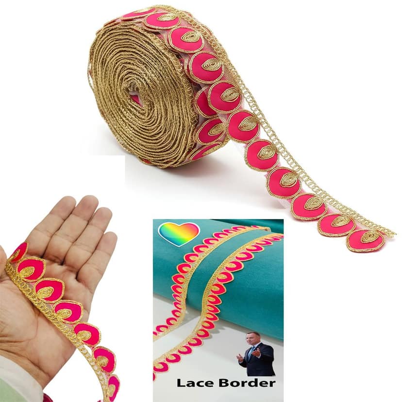 Pink Gota Patti Lace Border | Sewing Embroidery Ribbon Trim with Golden Zari Cutwork | 3 cm Width 9 Meter Roll for Saree Suit Bridal Dupatta Blouse Dress Choli Lehenga Anarkali Hijab Gown Kurti view 10