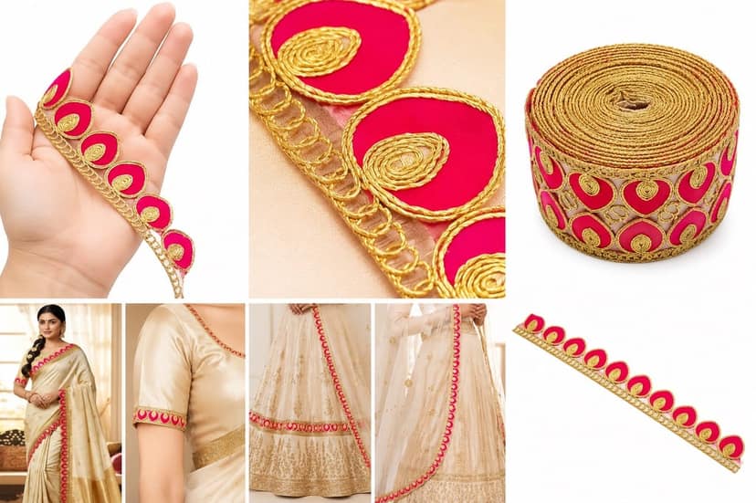 Pink Gota Patti Lace Border | Sewing Embroidery Ribbon Trim with Golden Zari Cutwork | 3 cm Width 9 Meter Roll for Saree Suit Bridal Dupatta Blouse Dress Choli Lehenga Anarkali Hijab Gown Kurti view 3