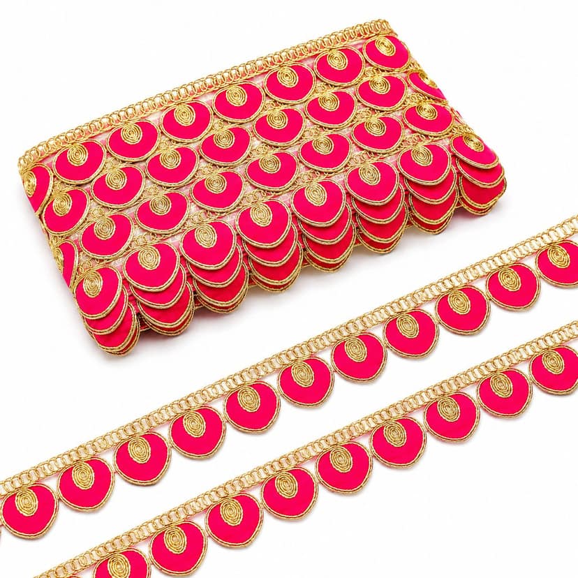 Pink Gota Patti Lace Border | Sewing Embroidery Ribbon Trim with Golden Zari Cutwork | 3 cm Width 9 Meter Roll for Saree Suit Bridal Dupatta Blouse Dress Choli Lehenga Anarkali Hijab Gown Kurti view 7