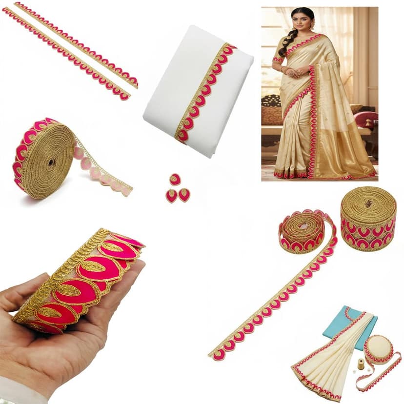 Pink Gota Patti Lace Border | Sewing Embroidery Ribbon Trim with Golden Zari Cutwork | 3 cm Width 9 Meter Roll for Saree Suit Bridal Dupatta Blouse Dress Choli Lehenga Anarkali Hijab Gown Kurti view 8