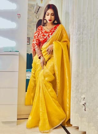 Attractive Yellow Crush Tissue Silk Saree with Jacquard Weaving Stitched Blouse