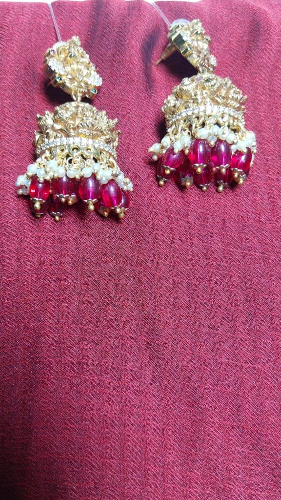 oxidized gold plated traditional jhumka earrings with pearls and rubies view 4