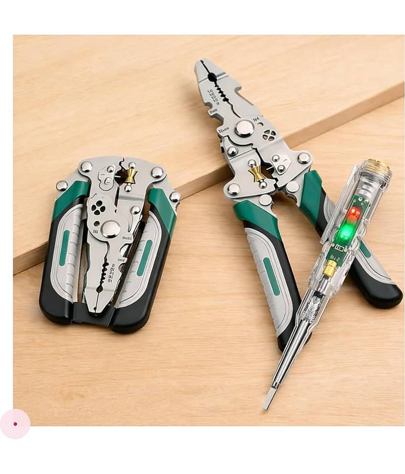Wire Stripper & Tester Combo Set | All in One Multifunction Stainless Steel | Wire Stripper & High Brightness | Intelligent Voltage Tester Pen | Multi Function | Electrical Hand Tool Combo