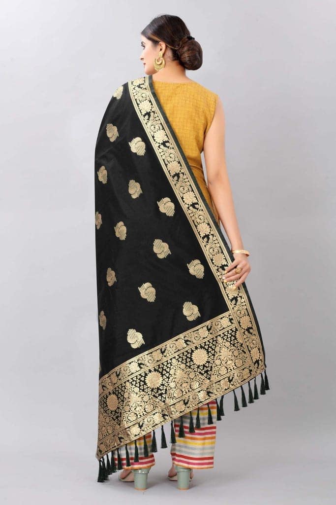Women Black &amp; Gold Coloured Jacquared Banarasi Dupatta