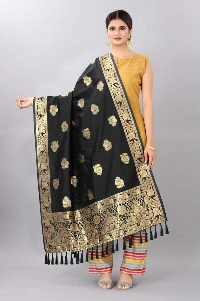 Women Black &amp; Gold Coloured Jacquared Banarasi Dupatta view 2