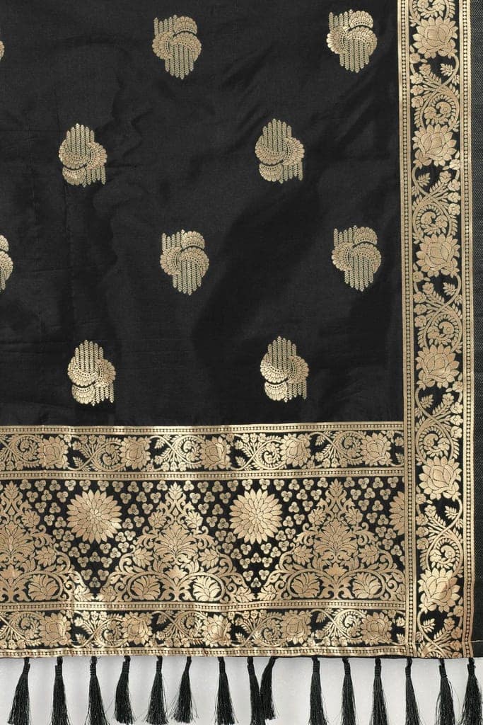 Women Black &amp; Gold Coloured Jacquared Banarasi Dupatta view 4