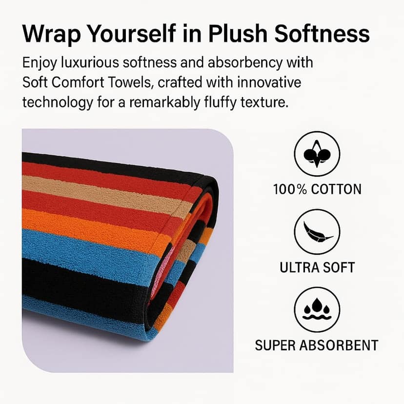 100% Cotton Multicolor Striped Bath Towel, 150 x 75 cm, 400 GSM, Ultra Soft Large Size view 5