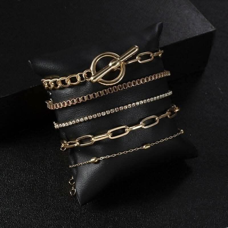 Pinapes Gold Punk Style Chain Bracelet Set Lock & Crystal - 5 Pieces