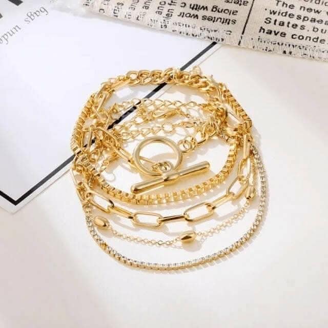 Pinapes Gold Punk Style Chain Bracelet Set Lock & Crystal - 5 Pieces view 2