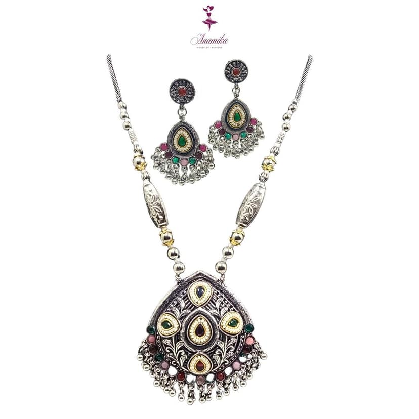 ANAMIKA Luxury Handcrafted Necklace Jewellery Set with Ear Rings, Oxidized, Oval Pendant, Green Pink and Purple Stone