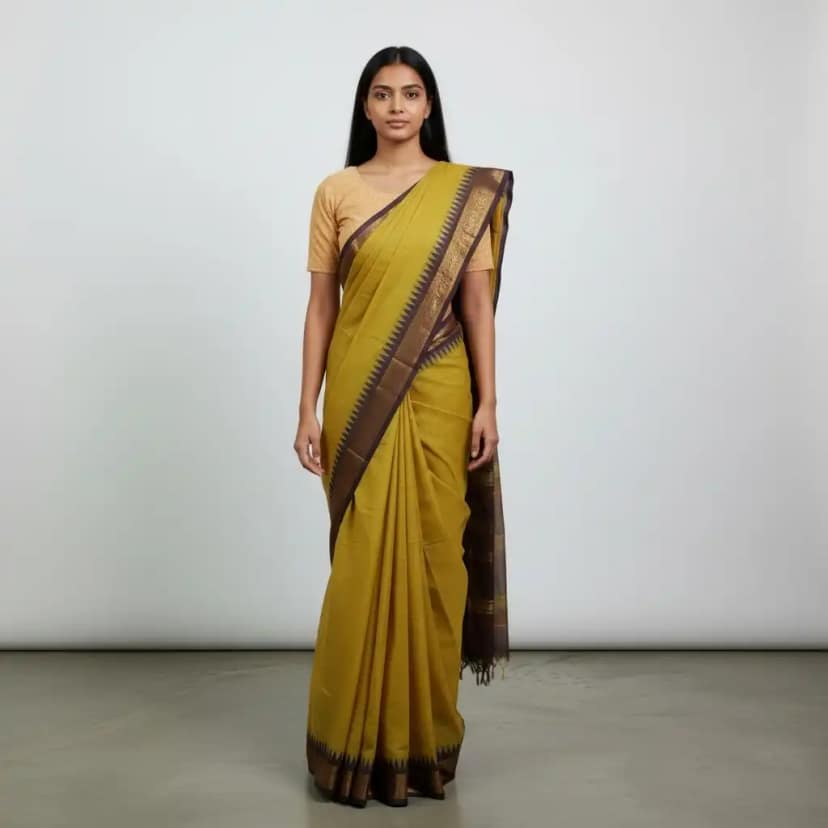 Mango Yellow Kanchipuram Cotton-Silk Saree with Temple Border