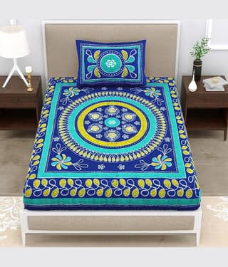 ABHACLOTHO Cotton 1 Single Bedsheet with 1 Pillow Cover ( Blue )