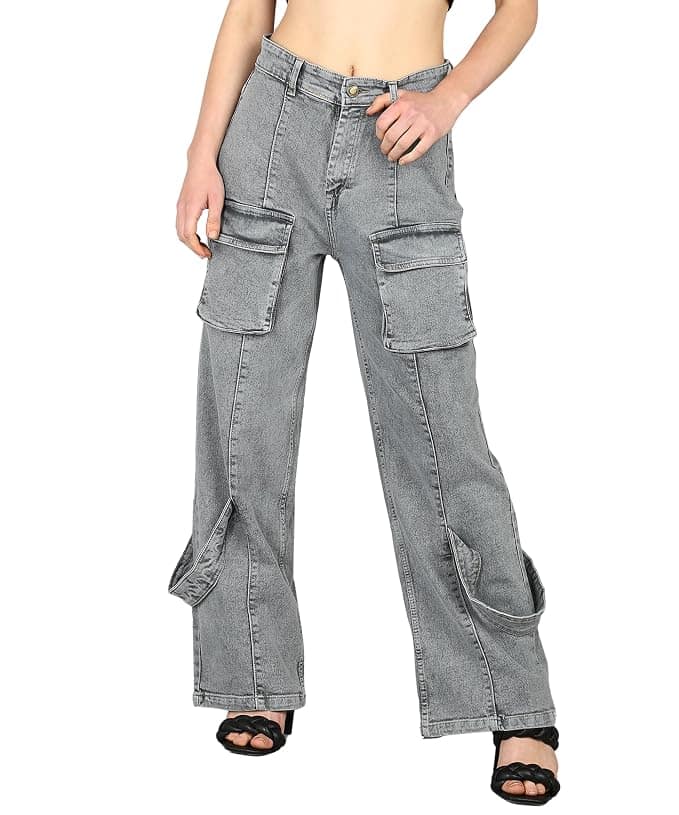 Glossia Fashion Women Cargo Jeans | High Rise Stretchable Baggy Wide LegDenim| Boyfriend Jeans for Women - Grey, 34