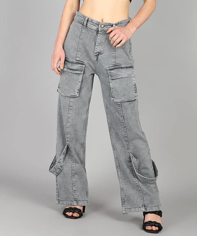 Glossia Fashion Women Cargo Jeans | High Rise Stretchable Baggy Wide LegDenim| Boyfriend Jeans for Women - Grey, 34 view 2