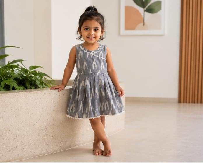 Mom and Me Baby Girls Muslin Cotton Frock | Soft Summer Dress with Cotton Lining | Sleeveless Ikat Print Dress | Back Zip & Tie-Up Belt Age 0–5 Years (in, Age, 12 Months, 18 Months, Regular, Gray) view 2