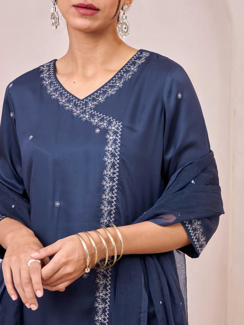 Navy Blue Viscose Plain Kurti Set & Dupatta With Hand Work Embroidery view 2