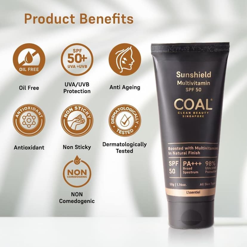 COAL Clean Beauty Sunshield Multivitamin SPF 50 PA+++ Sunscreen with Multivitamins | UVA/UVB, Premature Ageing, Sun Damage & Tanning Protection | Men & Women | All Skin Types | 50g view 4