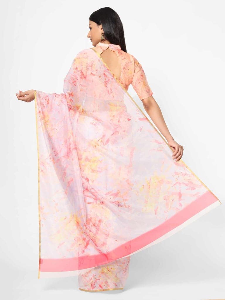 Women's Organza Floral Print Pink Saree view 2